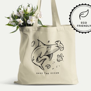 Save The Ocean Eco Tote Bag - Reusable Grocery Bag with Hammerhead Shark Art - Eco Friendly Shopping Bag - Canvas Tote Bag for Shark Lovers