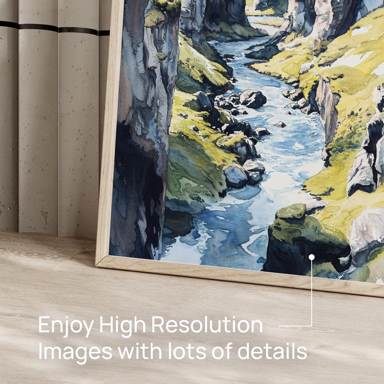 Fjadrargljufur Canyonの水彩画ウォールアート：デジタルダウンロード