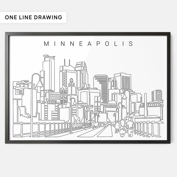 Framed Minneapolis Wall Art - Minneapolis Art Print - Framed One Line Drawing of Minneapolis Skyline - Housewarming Gift - New Home Gift