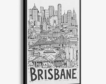 Brisbane Pencil-Style Canvas Print: Clock Tower, Koala and Riverside Skyline Wall Decor
