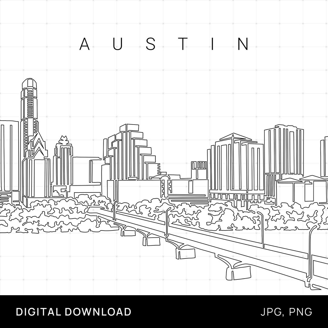 Austin TX Skyline as Printable Wall Art Austin Texas Digital Art Print With Skyline Line Art as