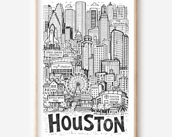 Illustration imprimable style crayon de Houston : panorama de la ville (téléchargement numérique)