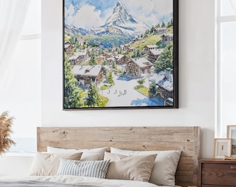 Zermatt Switzerland Canvas Print: Square Wall Art of Mountain Village in Watercolor