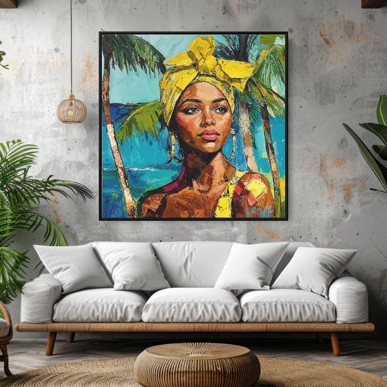 Jamaica Canvas Wall Art, Jamaican Woman Wall Art, Large Canvas Print, Square Canvas Wall Art, Tropical Wall Art, Tropical Beach Painting image 2