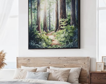 Redwoods National Park Canvas Print: Square Wall Art of Forest Path in Watercolor Style