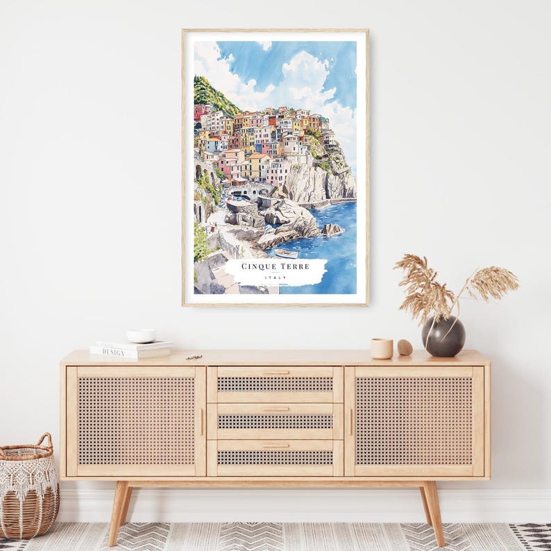 Lámina artística en acuarela de Manarola Cinque Terre - Arte mural de Italia - Regalo de viaje a Italia - Regalo de mudanza - Regalo para un nuevo hogar - Regalo de inauguración de casa imagen 3