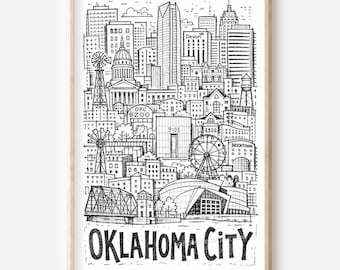Illustration imprimable de la skyline d'Oklahoma City (style crayon) - Téléchargement numérique