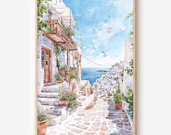 Santorini Watercolor Art: Coastal Landscape Digital Download Wall Art