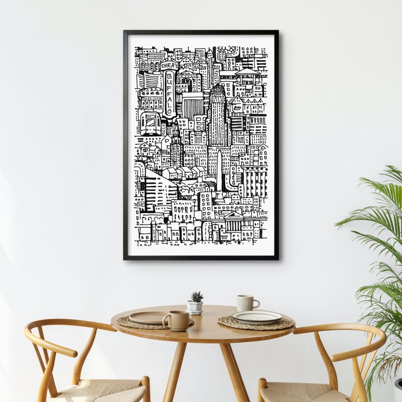 Abstract Buffalo NY Art Print - Hand-drawn Buffalo NY City Drawing in unique Line Art Style - Great Home Decor Gift image 3