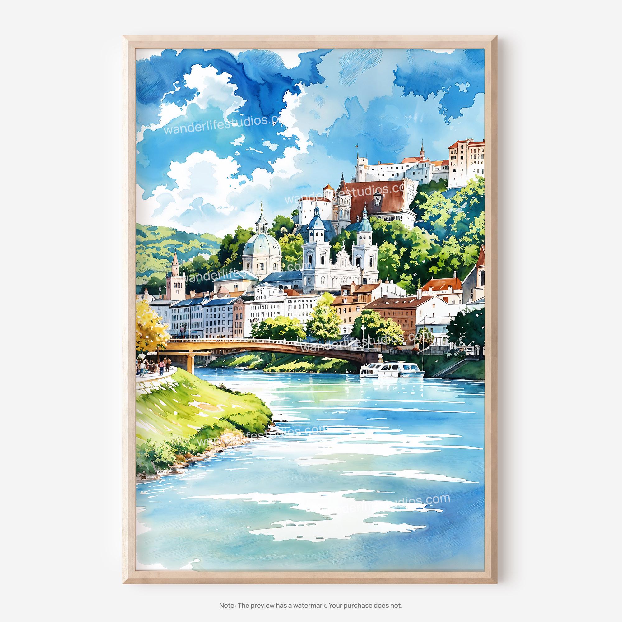 ザルツブルク（オーストリア）の水彩画ウォールアート：デジタル