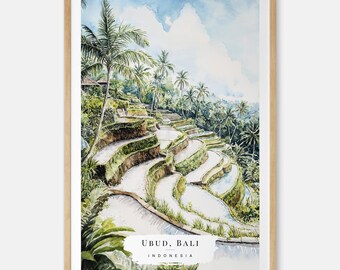 ウブド・バリの水彩画プリント - バリの棚田の壁掛けアート