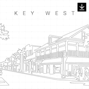 May include: A black and white line drawing of a street scene in Key West, Florida. The drawing shows a row of buildings with palm trees in front of them. There are people walking on the sidewalk.