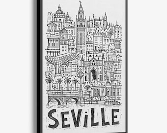Seville Pencil-Style Canvas Print: Cathedral Bell Tower, Moorish Arch and Palm Trees Wall Decor