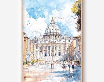 Vatican City Wall Art: St. Peter's Basilica Watercolor Digital Download