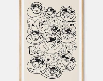 May include: Black and white line art illustration of coffee cups with the text "More Espresso Less Depresso" in a swirling design.