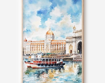 Mumbai Taj Mahal Palace Digital Download Wall Art: Watercolor Style Landscape Art