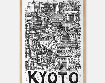 Kyoto City Art Print: Pencil-Style Fushimi Inari Torii Gates and Fox Statue Wall Decor
