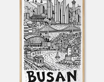 Busan Pencil-Style Art Print: Harbor Bridge, Lighthouse and Sailboat Wall Decor