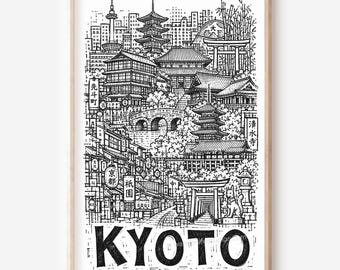 Kyoto Pencil-Style Printable Wall Art: Five-Story Pagoda, Gion Lanterns and Torii Gate Path Digital Download