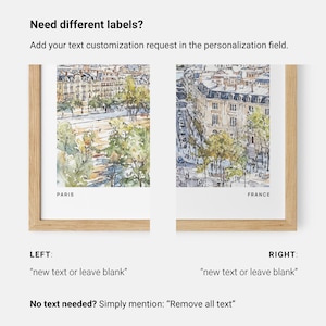 May include: Two framed watercolor prints of Parisian cityscapes. The left print is labeled "PARIS", and the right print is labeled "FRANCE". The prints are in light wood frames. Text at the bottom indicates customization options for labels.
