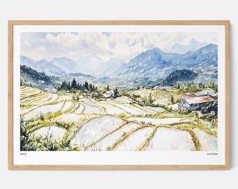 サパ渓谷の水彩画：棚田の風景画 - Etsy 日本