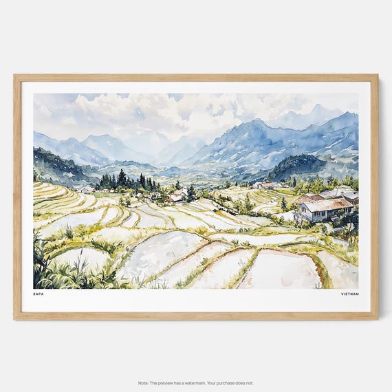 サパ渓谷の水彩画：棚田の風景画 - Etsy 日本