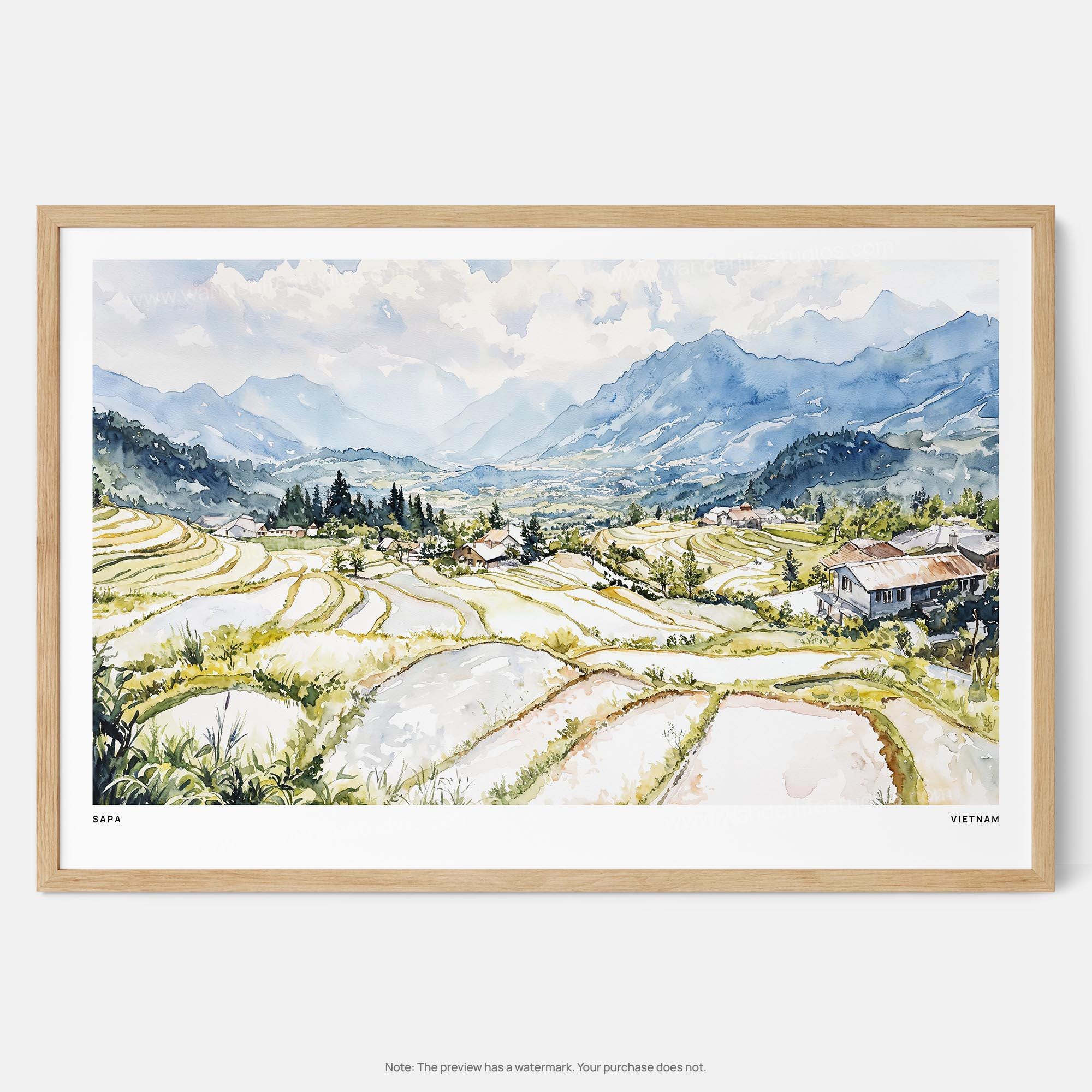 サパ渓谷の水彩画：棚田の風景画 - Etsy 日本