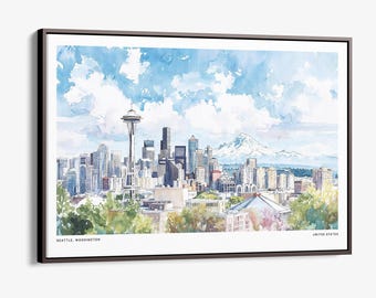 Seattle Skyline Canvas Print: Watercolor Art Featuring Mount Rainier