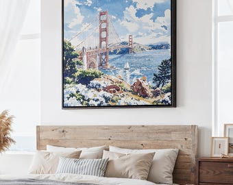 Golden Gate Bridge Square Canvas Print: San Francisco Wall Art in Watercolor Style
