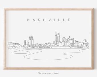 May include: A black and white line drawing of the Nashville skyline, including the iconic Ryman Auditorium and the Cumberland River. The text "NASHVILLE" is written above the skyline.