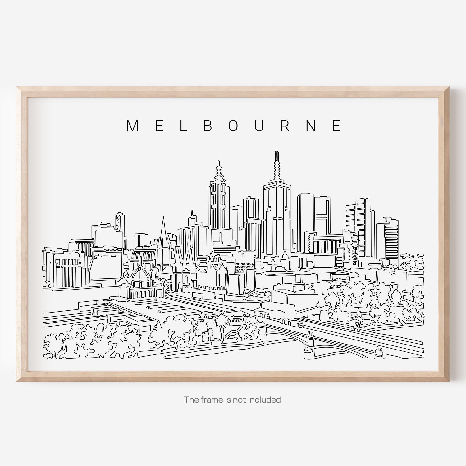 Impressão de arte de Melbourne com o horizonte da cidade como um desenho de linha - Pôster de viagem de Melbourne - Decoração da Grande Muralha Presente para casa nova