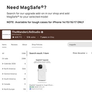 a product page for a MagSafe upgrade for a smartphone, with various models and prices listed.
