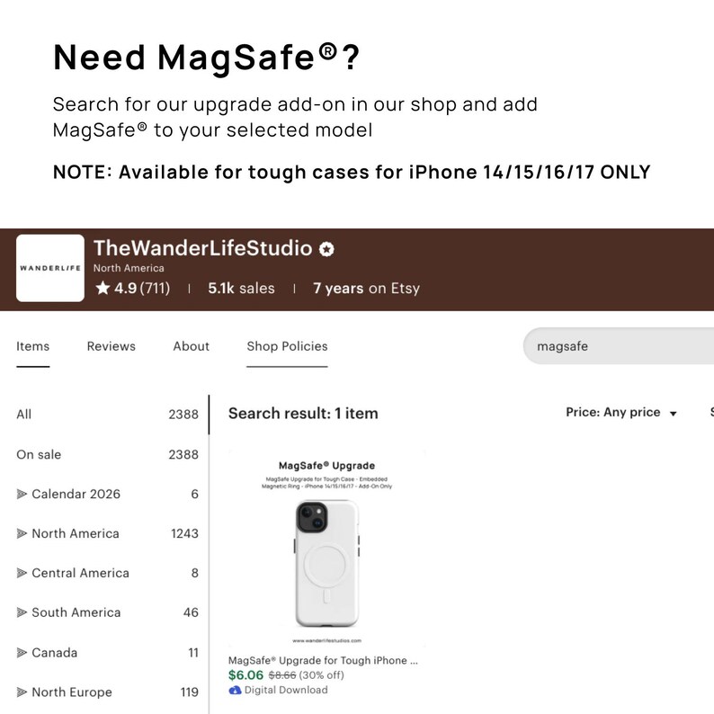 a product page for a MagSafe upgrade for a smartphone, with various models and prices listed.
