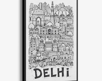 Delhi Pencil-Style Canvas Print: Red Fort, Humayun's Tomb and Chandni Chowk Wall Art