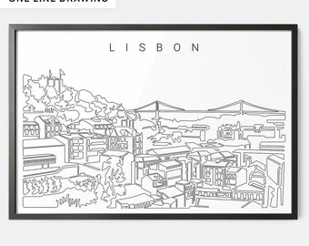 Framed Lisbon Skyline Wall Art - Lisbon Art Print with Cityscape One Line Drawing - Lisbon Portugal Poster - Wall Decor Gift - New Home Gift