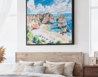 Algarve Portugal Canvas Print: Coastal Beach Scene Square Artwork in Watercolor Style