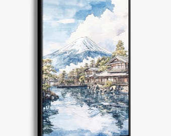 Framed Mount Fuji Canvas Print: Scenic Japanese Watercolor Landscape