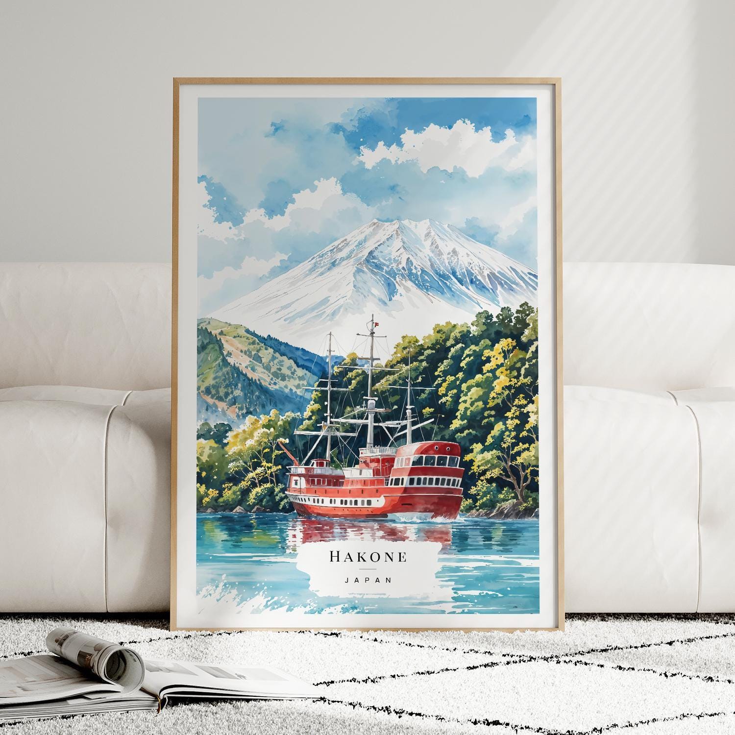 富士山と象徴的な海賊船を描いた箱根の水彩画アートプリント - 日本