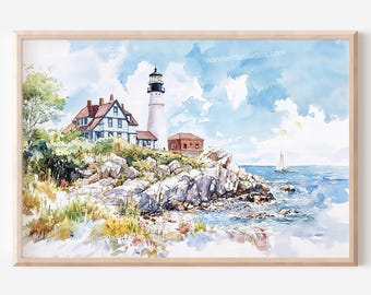 Portland Maine Lighthouse Wall Art: Watercolor Digital Download for Easy Printing