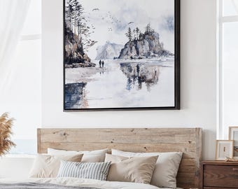 Olympic National Park Square Canvas Print: Coastal Landscape Wall Art in Watercolor Style