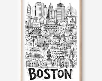 Illustration au crayon de la ville de Boston à imprimer : Skyline (Téléchargement numérique)