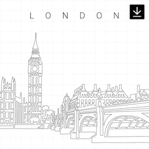 Puede incluir: Un dibujo en blanco y negro de la línea del horizonte de Londres, con el Big Ben y las Casas del Parlamento, con la palabra "LONDON" escrita arriba.