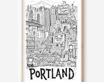 Paysage urbain de Portland (Oregon) : Illustration murale imprimable style crayon (téléchargement numérique)