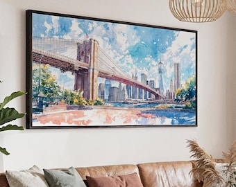 Brooklyn Bridge Panorama Canvas Print: Watercolor Cityscape Wall Art