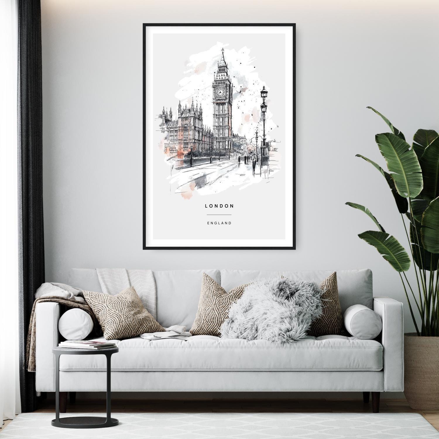 London Art Print With Big Ben Clock Tower Pencil Drawing - Travel