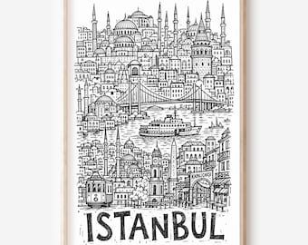 Istanbul City Printable Wall Art: Pencil-Style Mosque Domes, Bosphorus Bridges and Ferries Digital Download