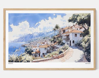 Madeira Portugal Watercolor Art Print: Coastal Village Landscape Wall Art