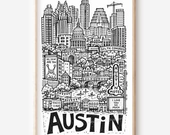 Skyline d'Austin à imprimer : Illustration style crayon (téléchargement numérique)