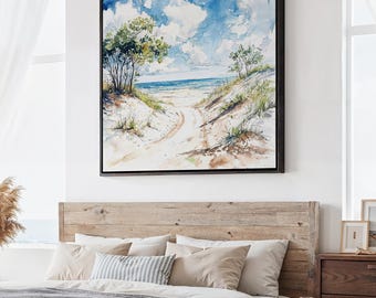 Indiana Dunes National Park Square Canvas Print: Beach Pathway Landscape Art in Watercolor Style