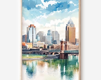 Cincinnati Ohio Wall Art: Watercolor City Skyline Digital Download